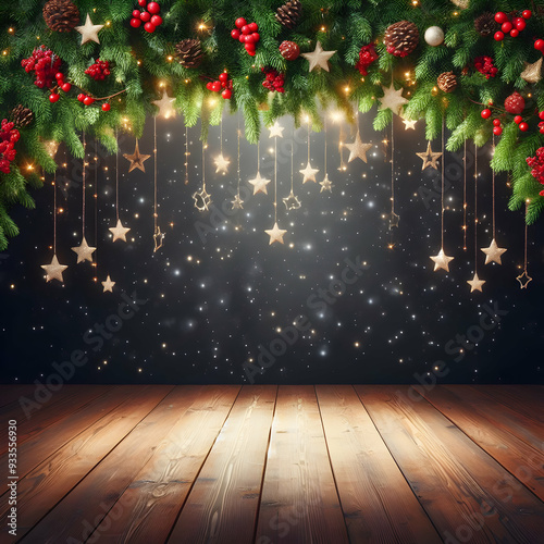 Festive Christmas Stage, Decorated with Stars and Red Berries