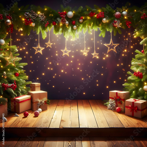 Festive Christmas Stage, Decorated with Stars and Gift Boxes