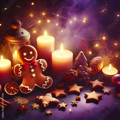 Merry Christmas, Dark Lilac Background with Candles and Cookies