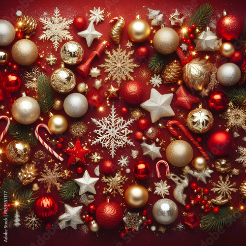 Red Christmas Background with Many Balls and Snowflakes