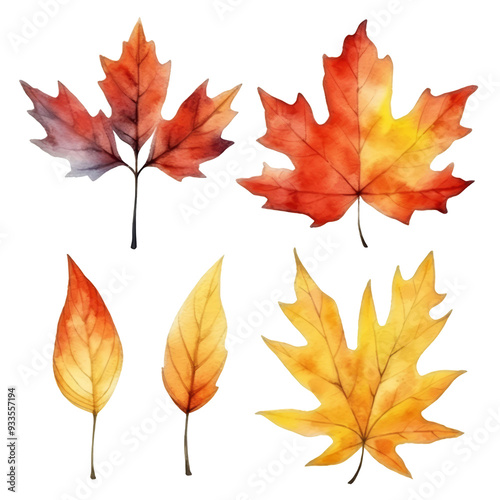 Watercolor illustration of five autumn leaves in various shades of red, yellow, and orange.