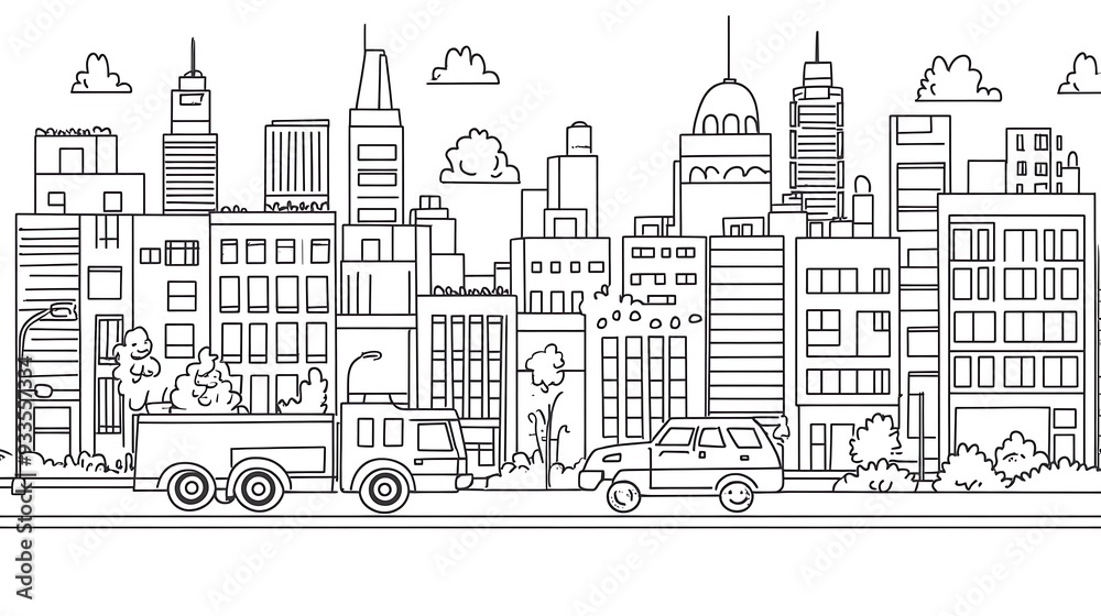 Obraz premium Playful Cartoon City Scene with Fire Truck, Traffic Lights, and Buildings - Coloring Drawing for Kids in Bold Lines on White Background