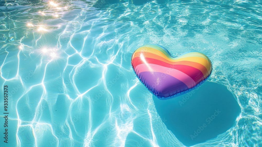 A rainbow-colored heart-shaped pool float casting a soft shadow on the sparkling water of a crystal-clear swimming pool. A rainbow-colored heart-shaped pool float casting a soft shadow on the sparkling water of a crystal-clear swimming pool.