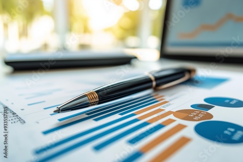 A detailed financial chart and a pen on a desk, illuminated by sunlight, showing business statistics and analysis.