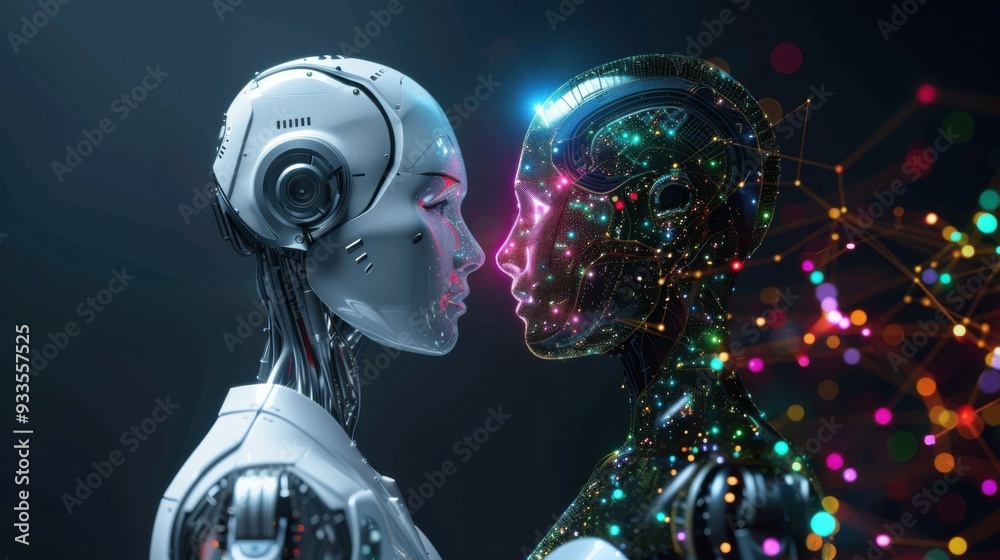 Side view of humanoid head with blue-yellow eyes and bright neon neural network representing futuristic technology and artificial intelligence Side view of humanoid head with blue-yellow eyes and bright neon neural network representing futuristic technology and artificial intelligence