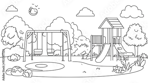 Playful Cartoon Playground Scene for Kids Coloring Book with Swings, Slide, and Merry-Go-Round in Bold Black Lines on White Background