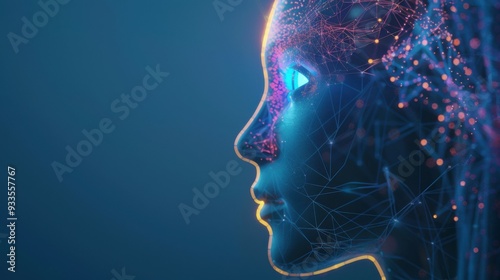 Side view of humanoid head with blue-yellow eyes and bright neon neural network representing futuristic technology and artificial intelligence