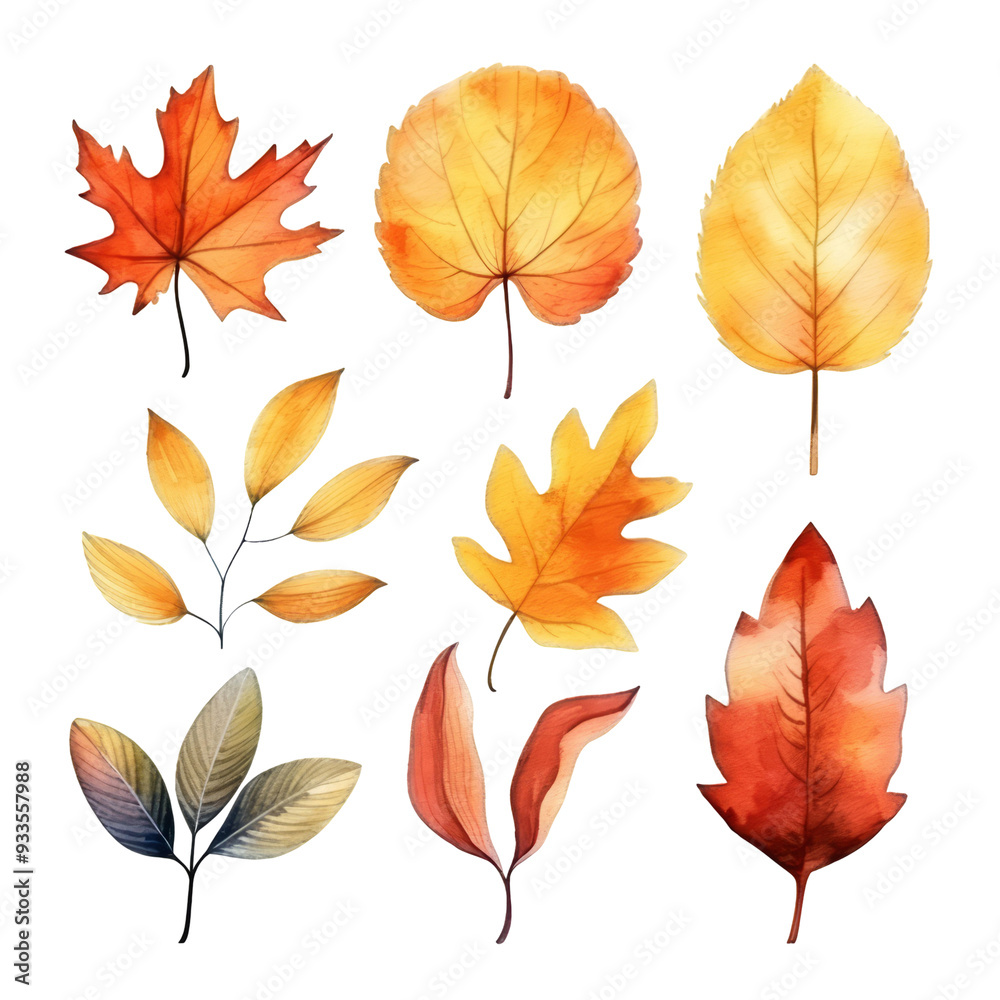 Obraz premium Watercolor illustration of nine autumn leaves in various shapes and colors, including red, orange, and yellow.