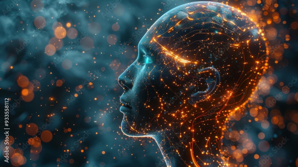 Side view of humanoid head with blue-yellow eyes and bright neon neural network representing futuristic technology and artificial intelligence Side view of humanoid head with blue-yellow eyes and bright neon neural network representing futuristic technology and artificial intelligence