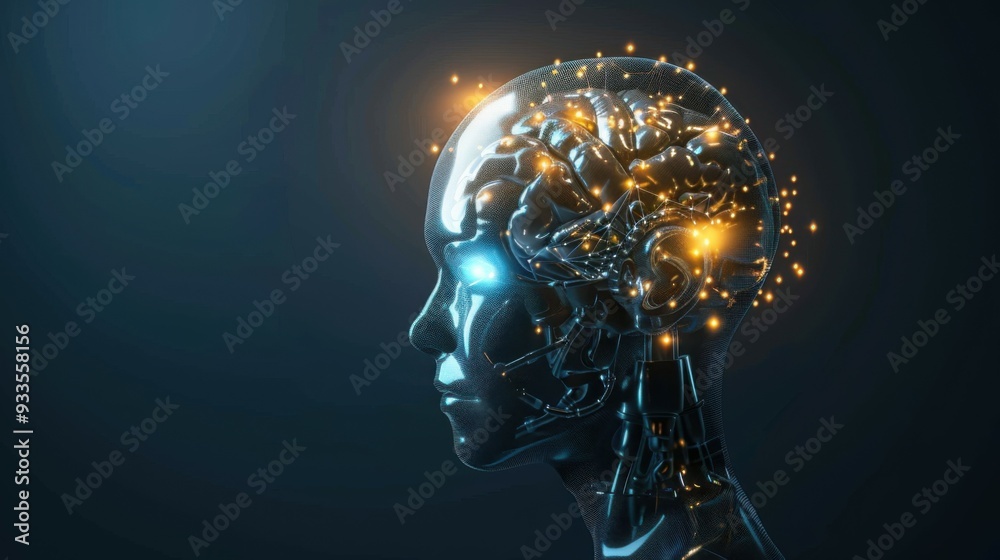 Side view of humanoid head with blue-yellow eyes and bright neon neural network representing futuristic technology and artificial intelligence Side view of humanoid head with blue-yellow eyes and bright neon neural network representing futuristic technology and artificial intelligence