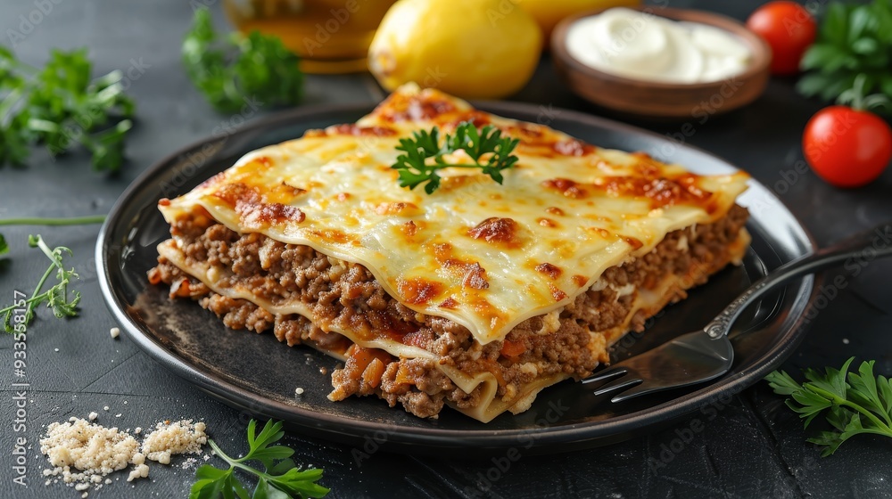Delicious lasagna with melted cheese, herbs, and ground beef on a black plate on a dark table . Delicious lasagna with melted cheese, herbs, and ground beef on a black plate on a dark table .