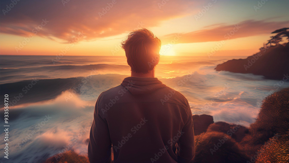 Pessoa humana de costas desfocado em primeiro plano, olhando as ondas do mar no por do sol. Pessoa humana de costas desfocado em primeiro plano, olhando as ondas do mar no por do sol.