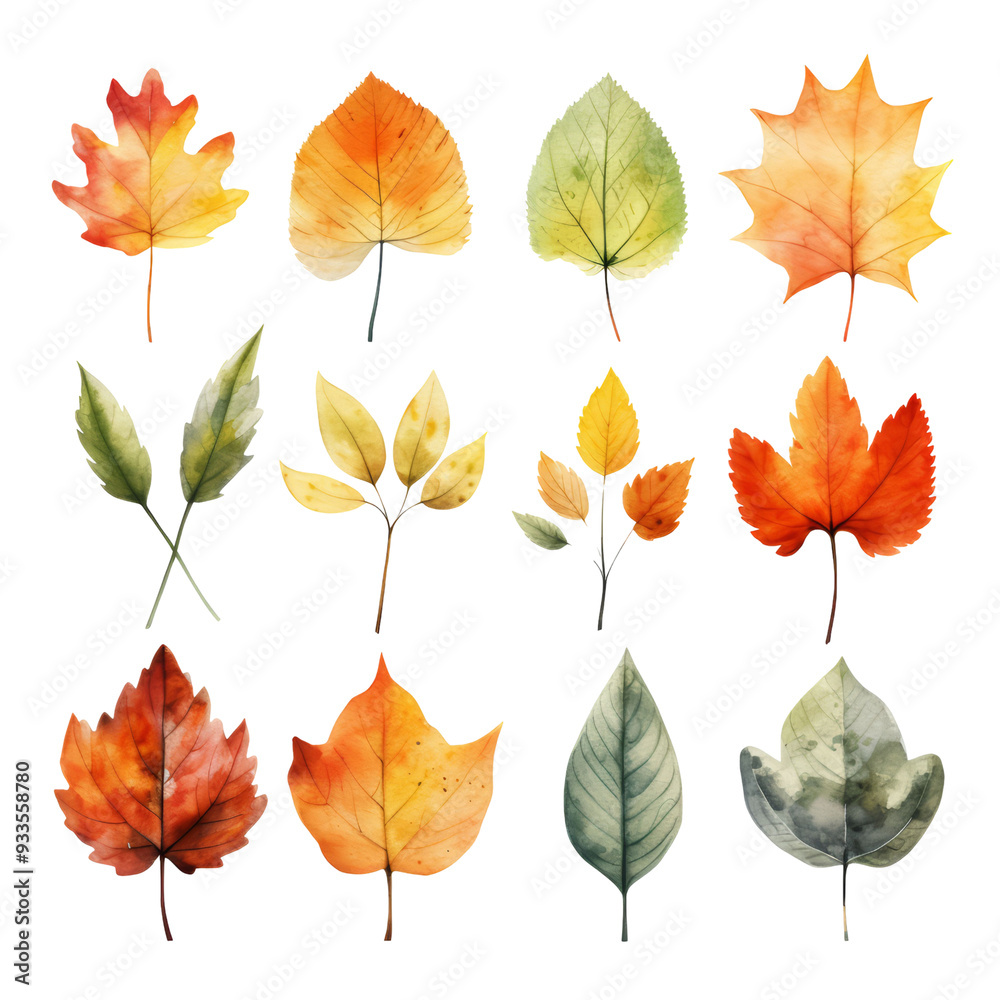 A set of twelve watercolor autumn leaves in various shades of red, orange, yellow, and green. A set of twelve watercolor autumn leaves in various shades of red, orange, yellow, and green.