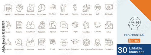 Head hunting icon collection set . containing structure, resume, location, e-mail, referral, address, logistics, staff selection and best employed line icons