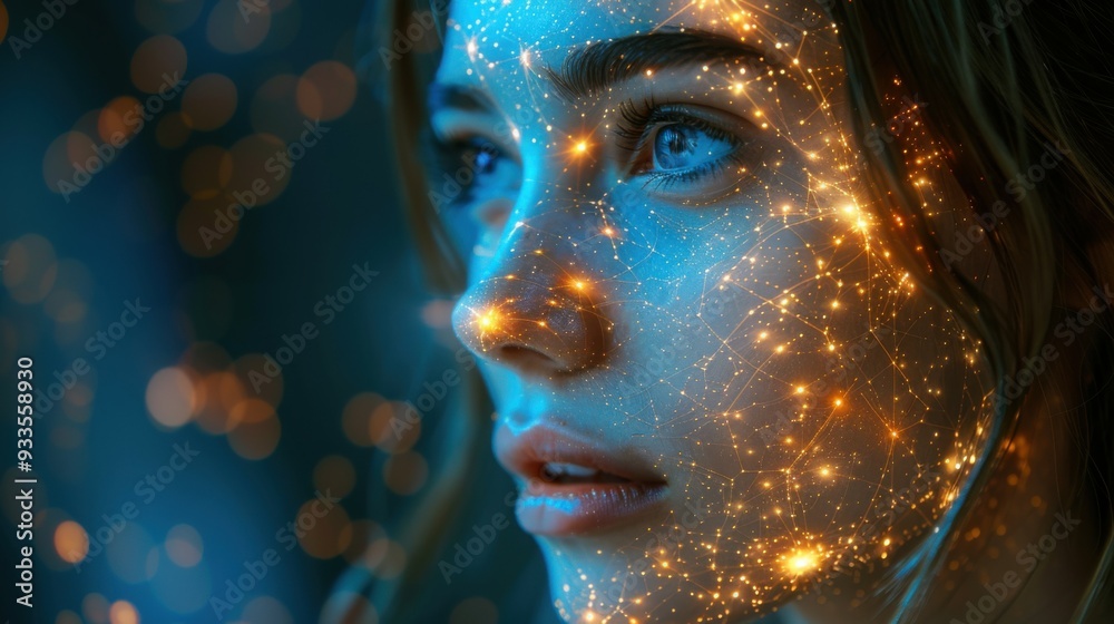 Side view of humanoid head with blue-yellow eyes and bright neon neural network representing futuristic technology and artificial intelligence Side view of humanoid head with blue-yellow eyes and bright neon neural network representing futuristic technology and artificial intelligence