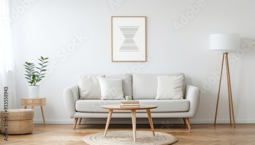 living room with a large blank frame mockup on the wall, a white sofa and coffee table, soft natural light