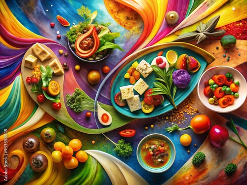 Abstract Appetizer Adventure: Experimental, artistic, abstract, vibrant colors, dynamic shapes
