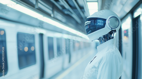 A futuristic female cyborg standing in a modern subway car, scanning the area as she searches for a seat, blending advanced technology with an everyday human experience. photo