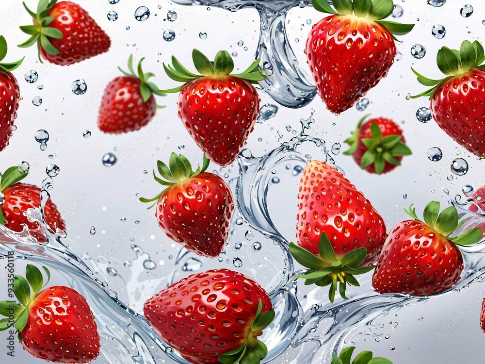 Juicy strawberries splash into clear water with vibrant detail. Bright red berries with green leaves are highlighted in a refreshing and dynamic setting. Juicy strawberries splash into clear water with vibrant detail. Bright red berries with green leaves are highlighted in a refreshing and dynamic setting.