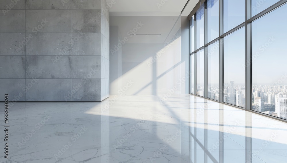 Fototapeta premium Empty modern office interior with floor-to-ceiling windows overlooking cityscape.