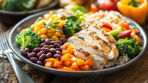 A simple, clean image of a balanced meal on a plate, featuring lean proteins, like chicken or beans, with colorful vegetables and a side of whole grains.