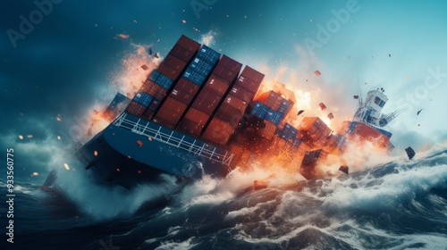 The cargo ship suffered an accident sinking into the sea. Neural network ai generated art photo