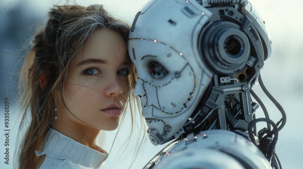 Woman opposite AI. The concept of the confrontation between humanity and artificial intelligence.