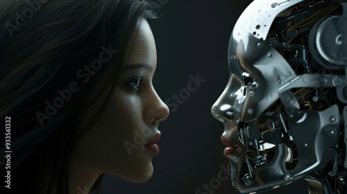 Woman opposite AI. The concept of the confrontation between humanity and artificial intelligence.