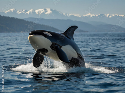Orcinus orca breaching the surface of a pristine ocean