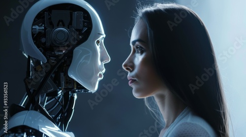 Woman opposite AI. The concept of the confrontation between humanity and artificial intelligence.