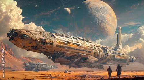 Futuristic Spacecraft Exploring Alien Desert Landscape with Dramatic Sky and Planetary Backdrop