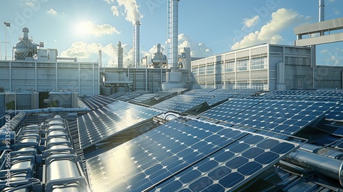 A modern industrial facility with solar panels harnessing renewable energy under a bright sky.