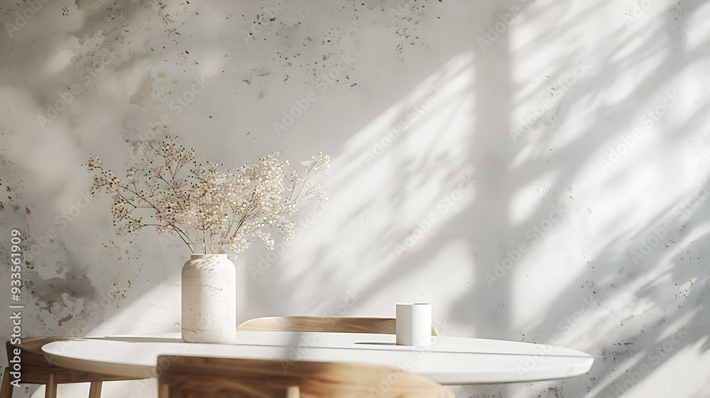 Obraz premium A simple arrangement of white flowers in a vase on a table with a light wooden chair in the background. The sunlight casts soft shadows on the wall.