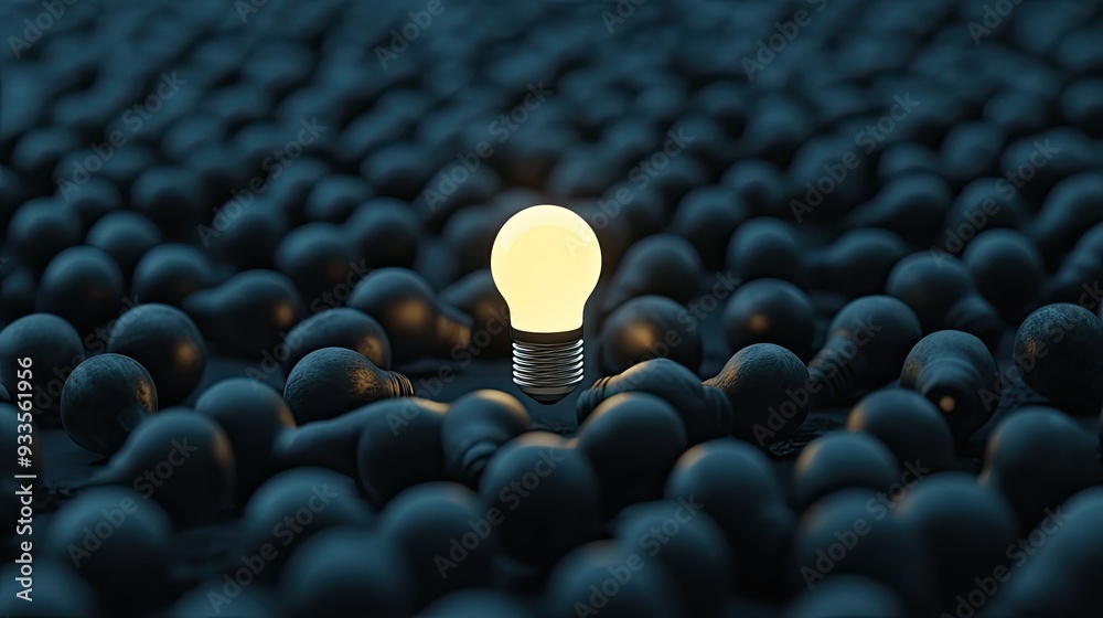 Obraz premium A single glowing light bulb stands out in a sea of dark bulbs in a dark environment, with space for creative text using 3D rendering