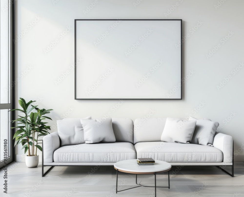living room with a large blank frame mockup on the wall, a white sofa and coffee table, soft natural light living room with a large blank frame mockup on the wall, a white sofa and coffee table, soft natural light