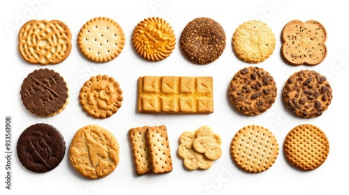 a selection of biscuits or crackers, shown in full length and isolated on a white background,generative ai