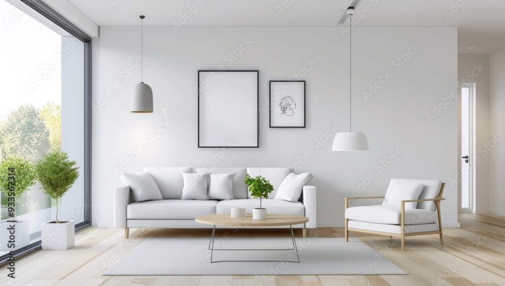 living room with a large blank frame mockup on the wall, a white sofa and coffee table, soft natural light living room with a large blank frame mockup on the wall, a white sofa and coffee table, soft natural light