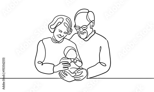 Grandparents together with newborn continuous line art drawing isolated on white background. Love line art drawing. Vector illustration