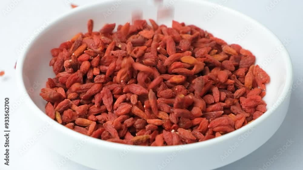 Goji Berries tibetan barberry dried superfood longevity berries pouring into a plate slow motion Goji Berries tibetan barberry dried superfood longevity berries pouring into a plate slow motion