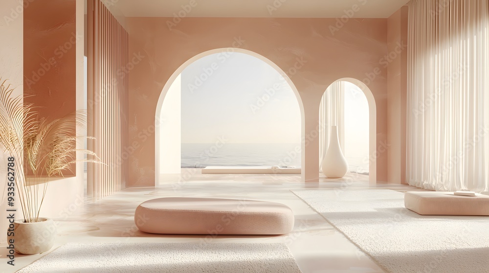 Serene Arched Minimal Interior with Beige Furnishings and Textured Walls