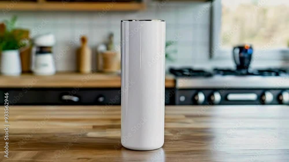 Blank a white color 20oz Straight Skinny Tumbler Mockup on table in Kitchen room for Custom Designs 