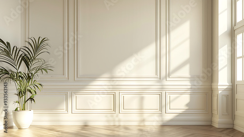 A single potted plant sits in the corner of a white room with intricate moldings and warm sunlight streaming in.