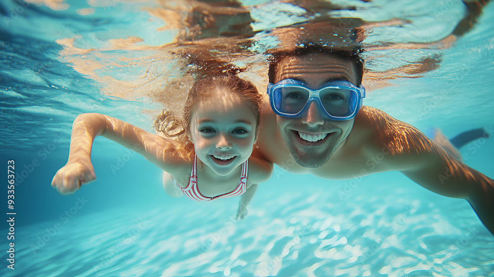 Fototapeta premium happy father take the kid swim underwater illustration