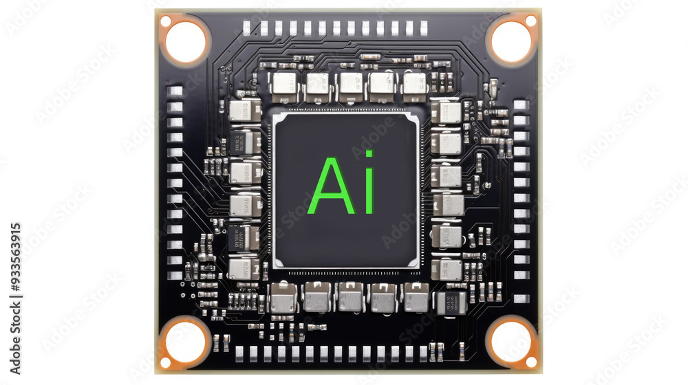 Top view of a computer microchip with the 'AI' label at the center, generative ai Top view of a computer microchip with the 'AI' label at the center, generative ai