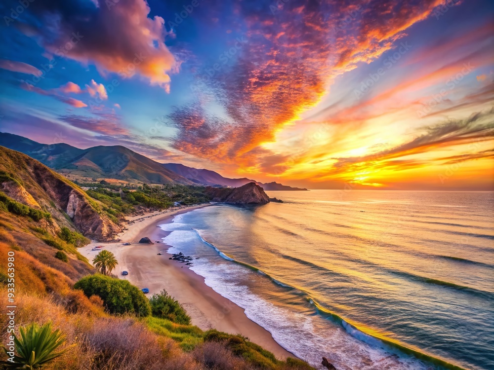 Fototapeta premium Dreamy Malibu Sunset: Pastel skies, silhouetted mountains, calm seas, romantic, enchanting