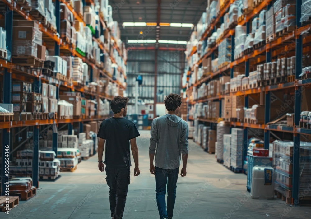 Two young men walking through a large warehouse filled with shelves of products and boxes The atmosphere is spacious and organized Two young men walking through a large warehouse filled with shelves of products and boxes The atmosphere is spacious and organized
