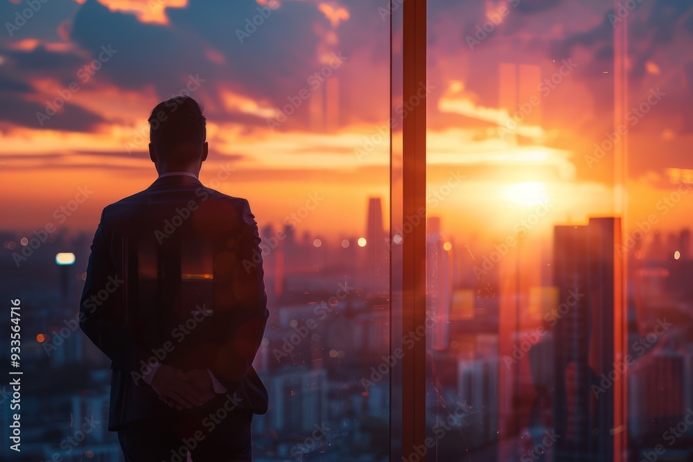 Cityscape at sunset, businessman by window, panoramic view, business theme. Cityscape at sunset, businessman by window, panoramic view, business theme.