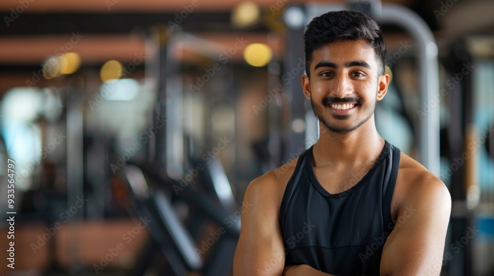 Smiling Indian man with short hair and mustache in a black tank top, posing with arms crossed in front of gym equipment. Smiling Indian man with short hair and mustache in a black tank top, posing with arms crossed in front of gym equipment.