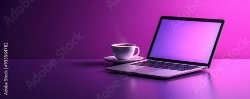 Creative workspace with a laptop and a steaming coffee cup on a purple gradient background, perfect for productivity and design inspiration.