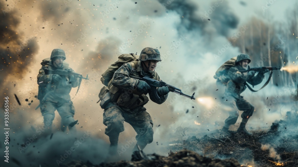 Three soldiers in camouflage uniforms in combat gear walk across a smoking field. Two are carrying rifles and the third is carrying a rucksack. The scene depicts a chaotic, tense battle situation Three soldiers in camouflage uniforms in combat gear walk across a smoking field. Two are carrying rifles and the third is carrying a rucksack. The scene depicts a chaotic, tense battle situation